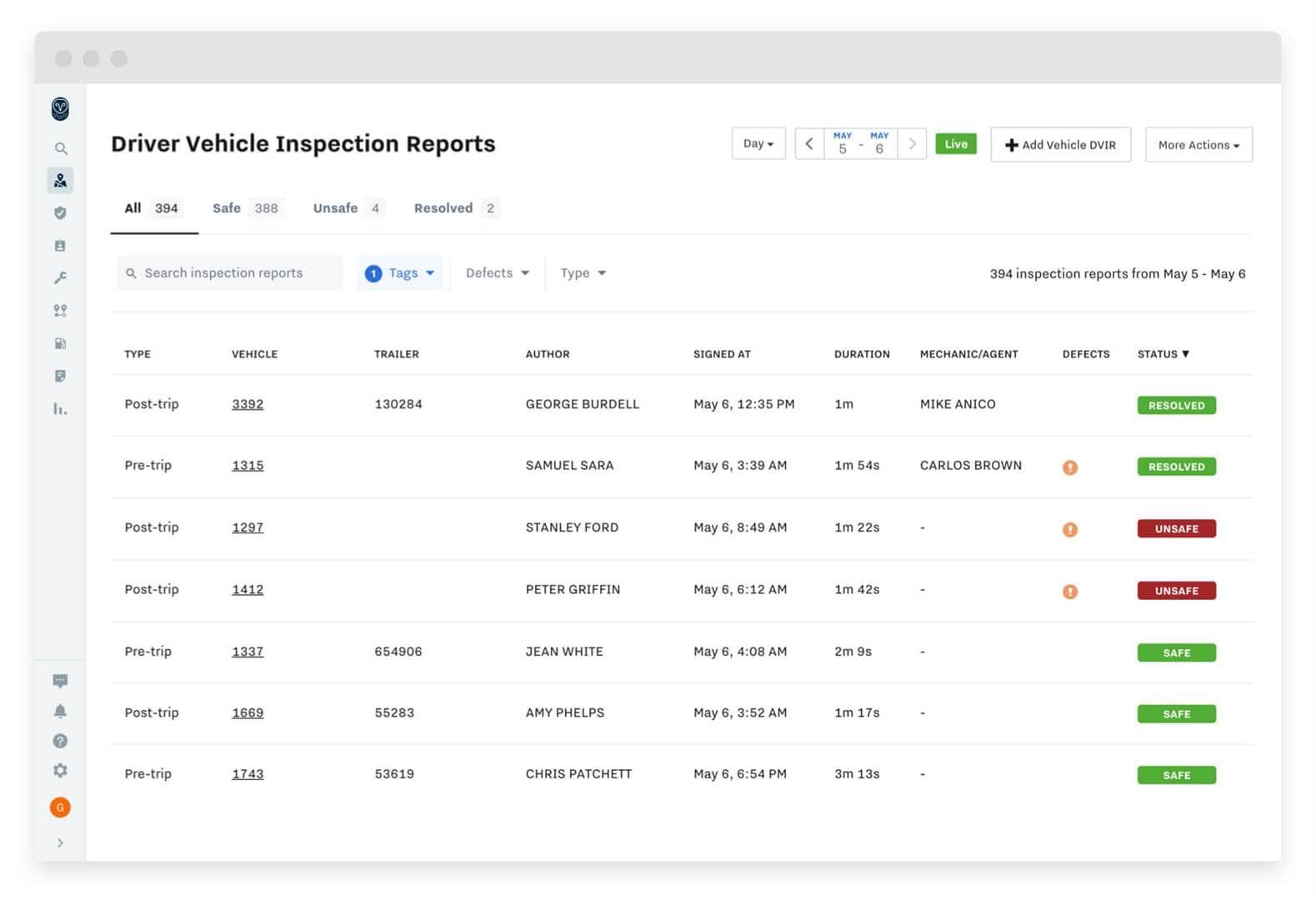 Driver vehicle inspection report dashboard with table of records and green/red status badges | Adaptive Fleet Management