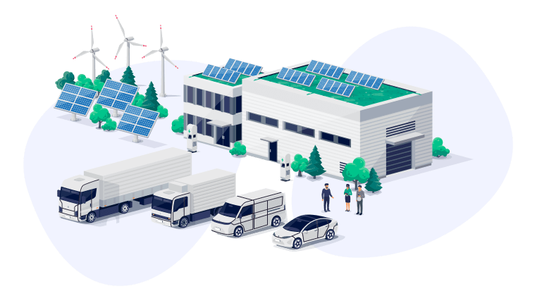 Factory with solar panels, wind turbines, delivery trucks, and electric vehicles in a clean industrial setting | Adaptive Fleet Management