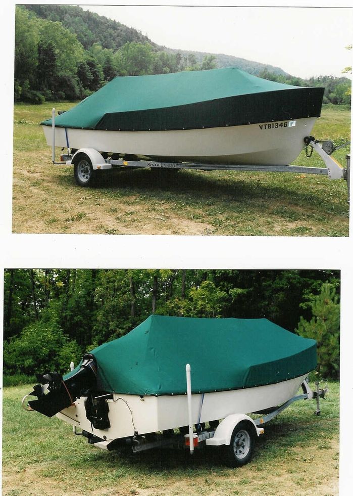 Two pictures of a boat with a green cover on it