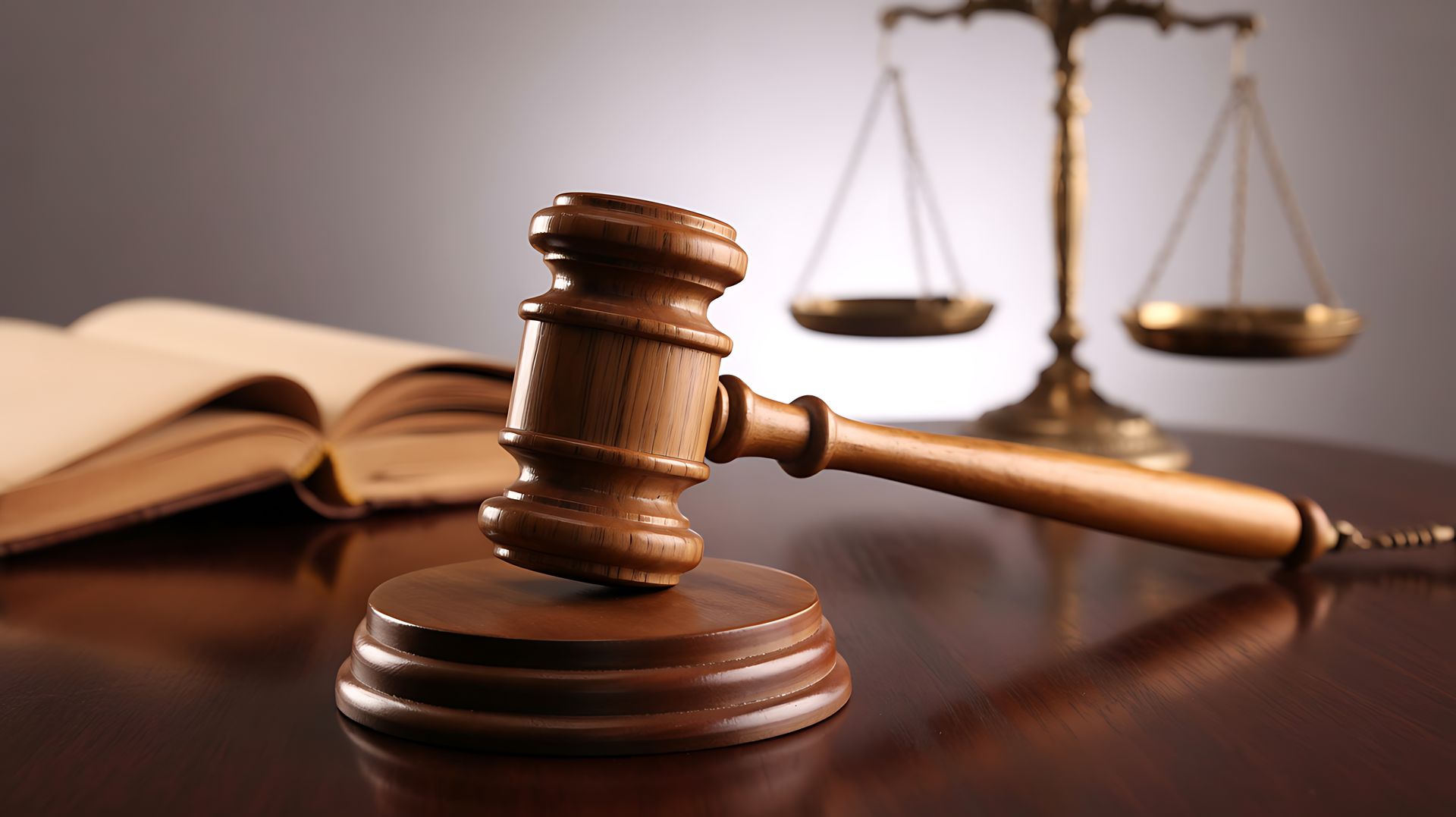 A wooden gavel rests on its block next to an open book and a brass scale of justice on a dark surface.