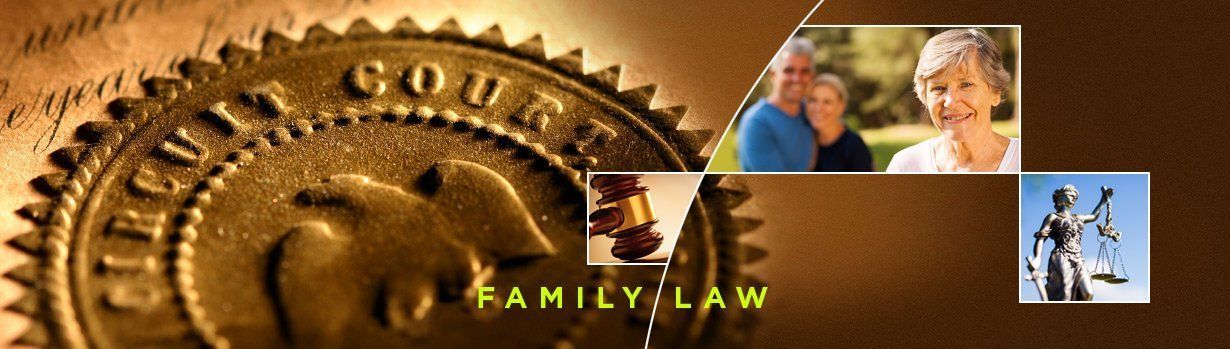 Banner for Family Law with elderly couple, scales of justice and a gavel.