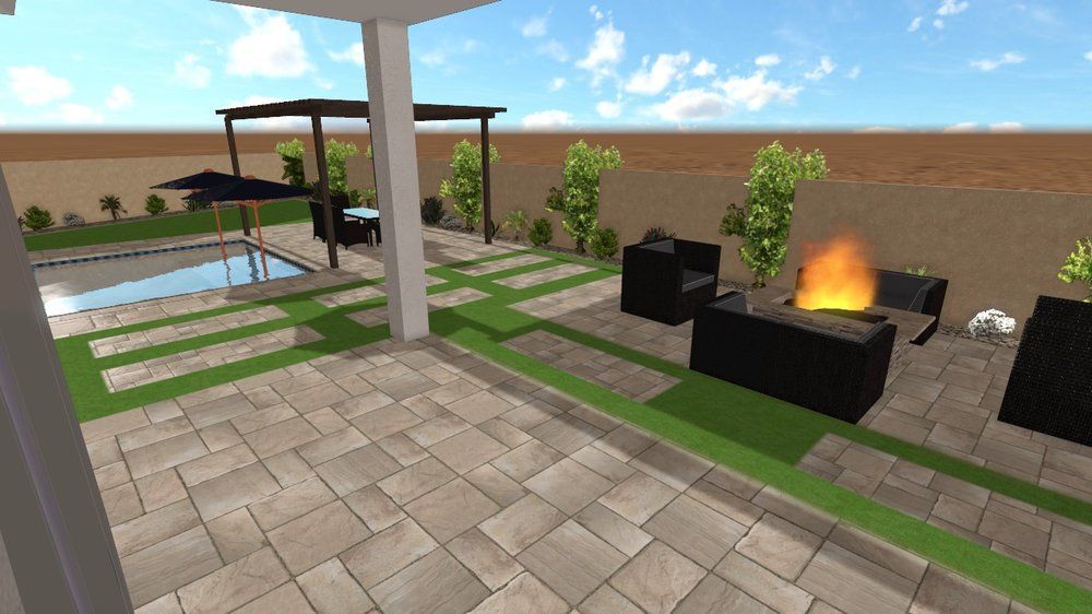 A computer generated image of a patio with a fire pit and a pool.