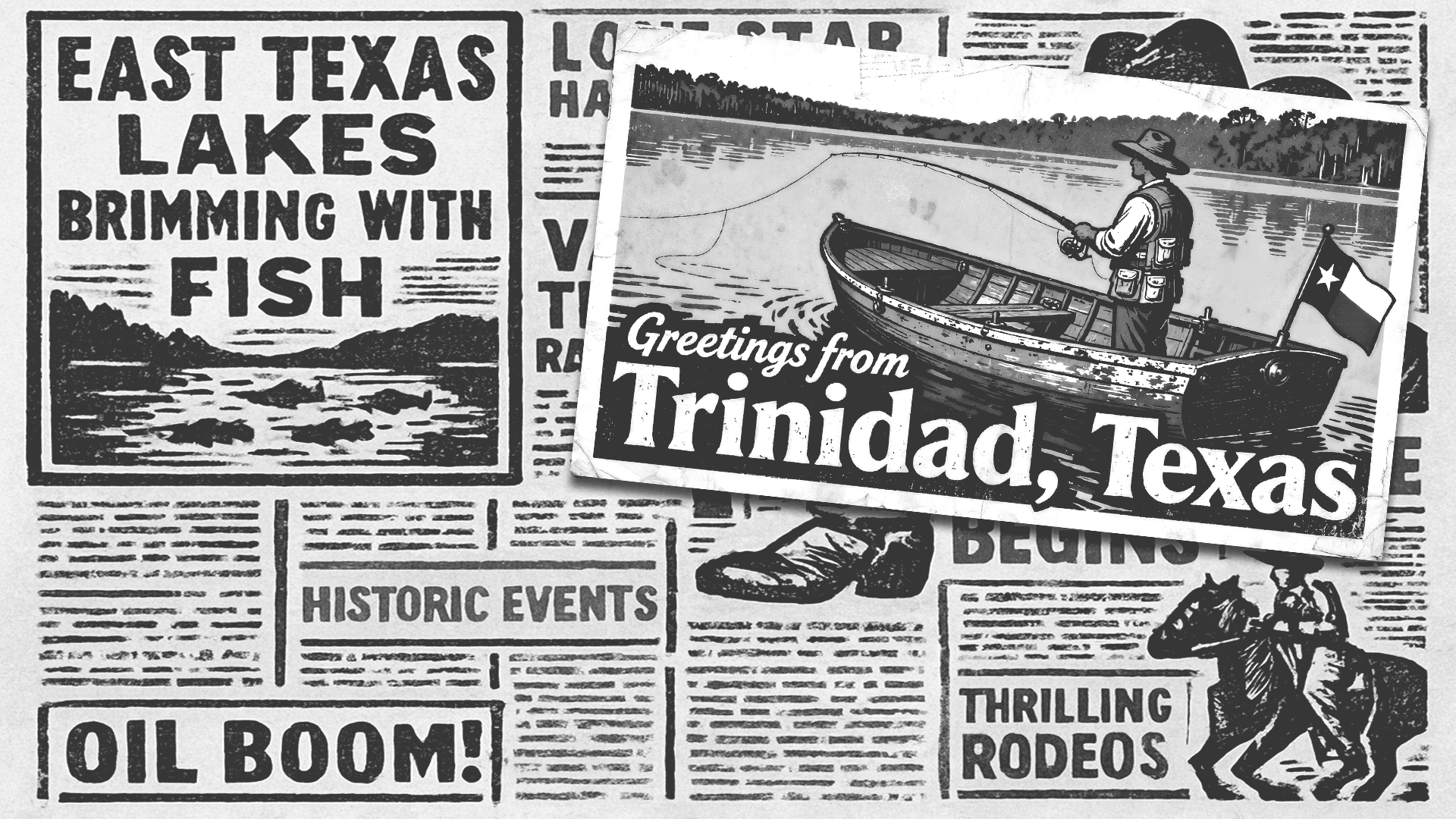 Vintage newspaper ad: East Texas lakes with fish, 