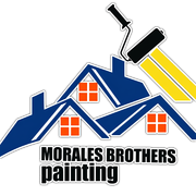 Logo for Morales Brothers Painting featuring a blue house roof outline with orange windows and a yellow paint roller.