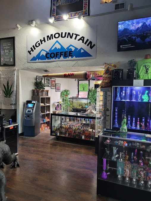 A store with a sign that says high mountain coffee