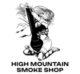 The logo for High Mountain Smoke Shop shows a woman kneeling down holding a bong.