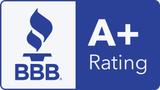 BBB logo with an A+ rating. Blue and white with a flame symbol.