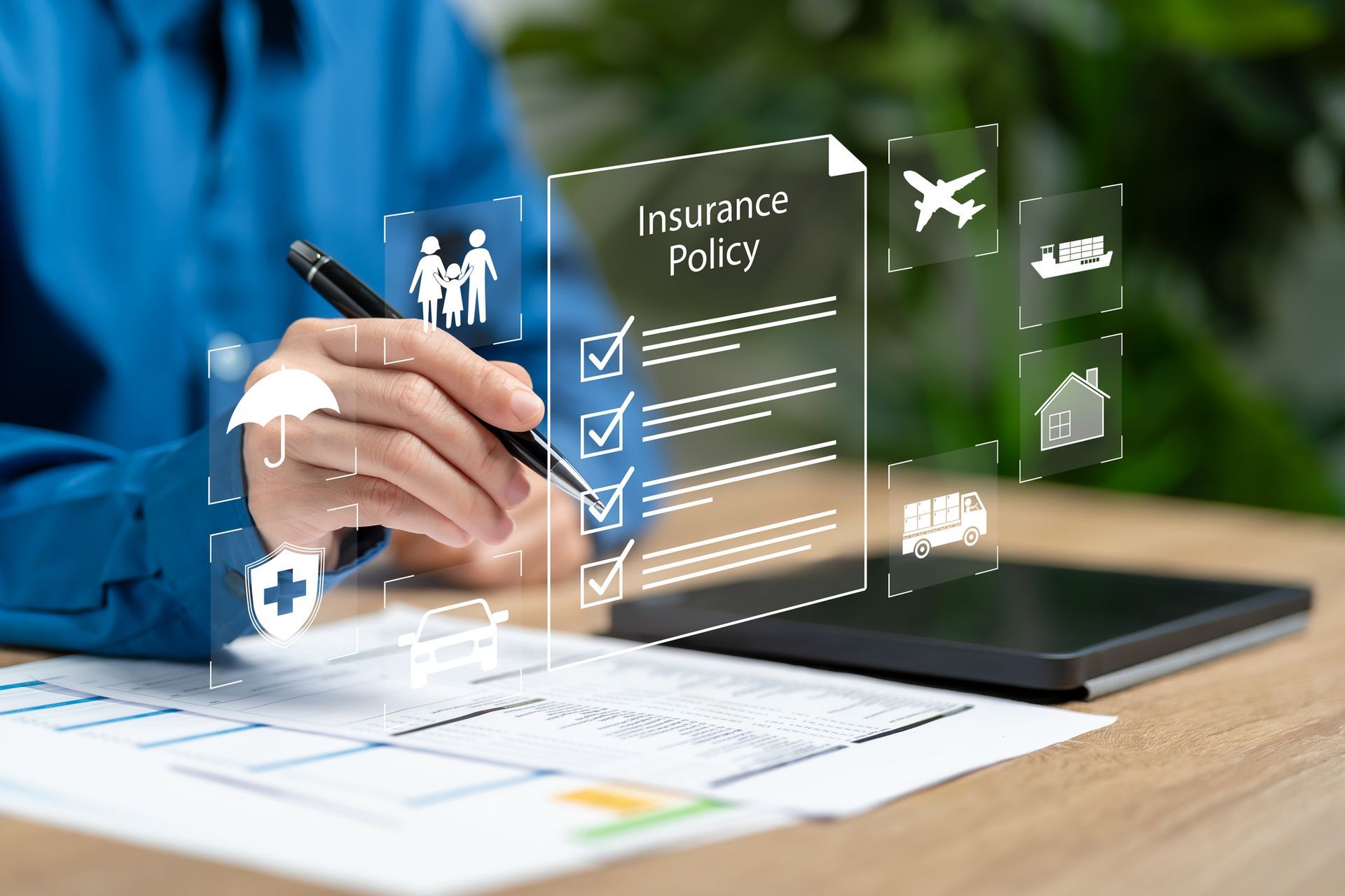 Person reviewing insurance policy with digital icons overlaid: family, plane, house, and health.