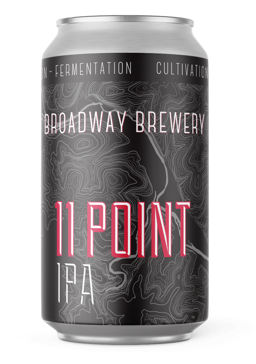 A can of broadway brewery 11 point ipa on a white background.