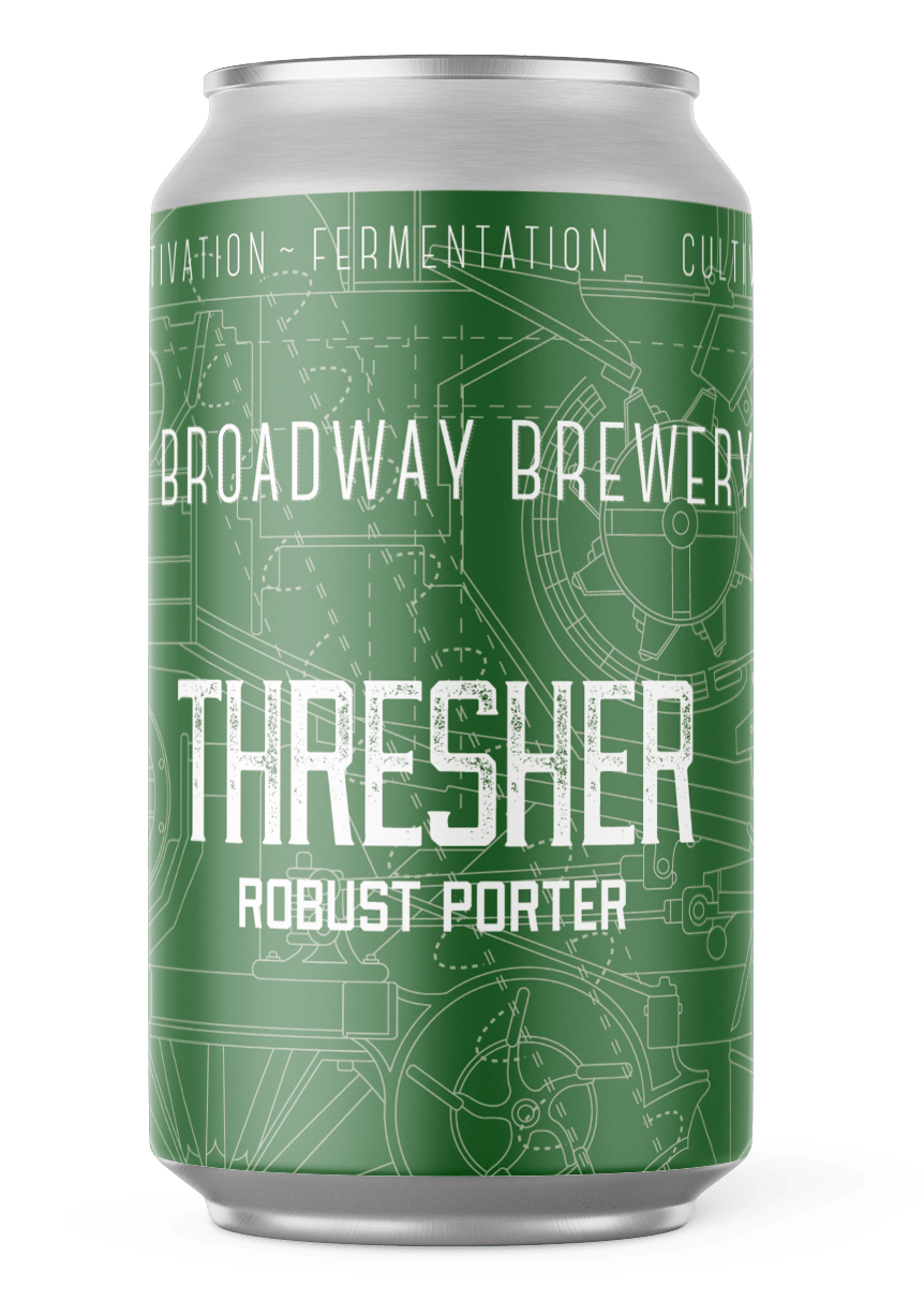 A can of broadway brewery thresher robust porter on a white background.