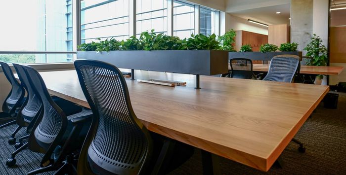 A Row of Chairs Are Sitting at A Long Wooden Table in An Office