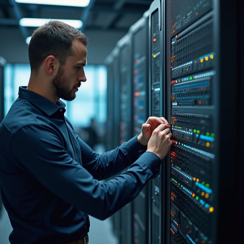 Man in blue shirt working on server rack in data center.