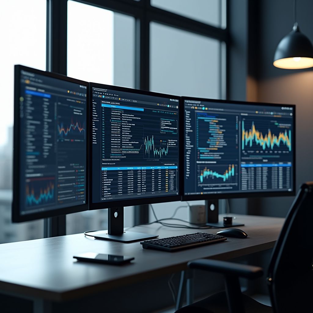 A desk with three computer monitors displaying data charts and code, keyboard, mouse, in an office setting.
