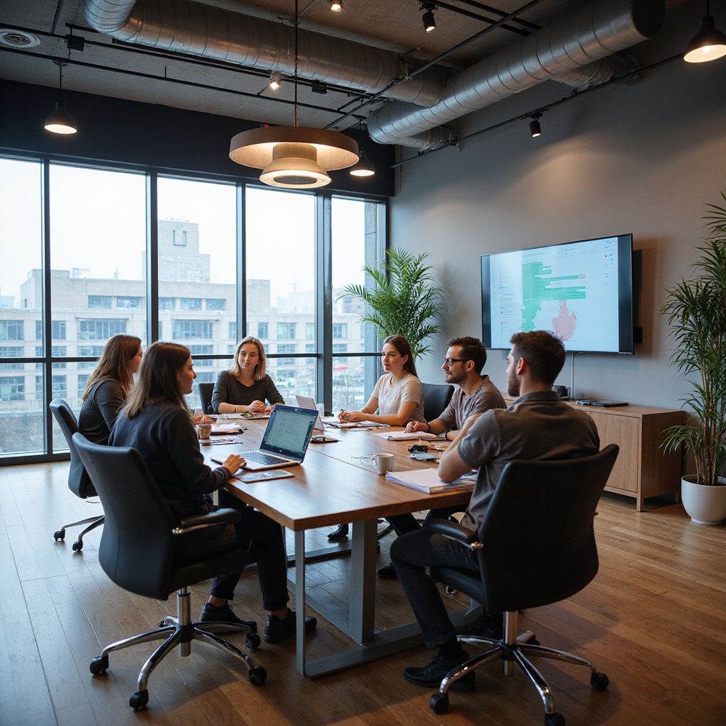 People seated around a table in an office, facing a screen.