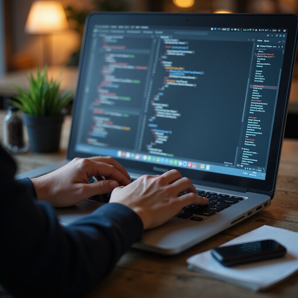 Person coding on a laptop, hands on the keyboard. Screen displays code; a phone and notepad are nearby.
