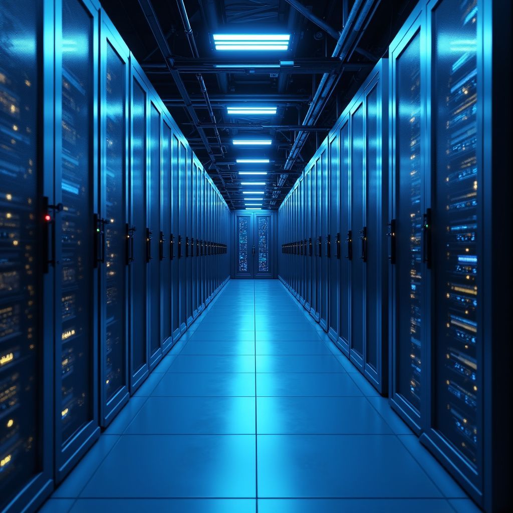 A long, blue-lit server room corridor with rows of server cabinets.