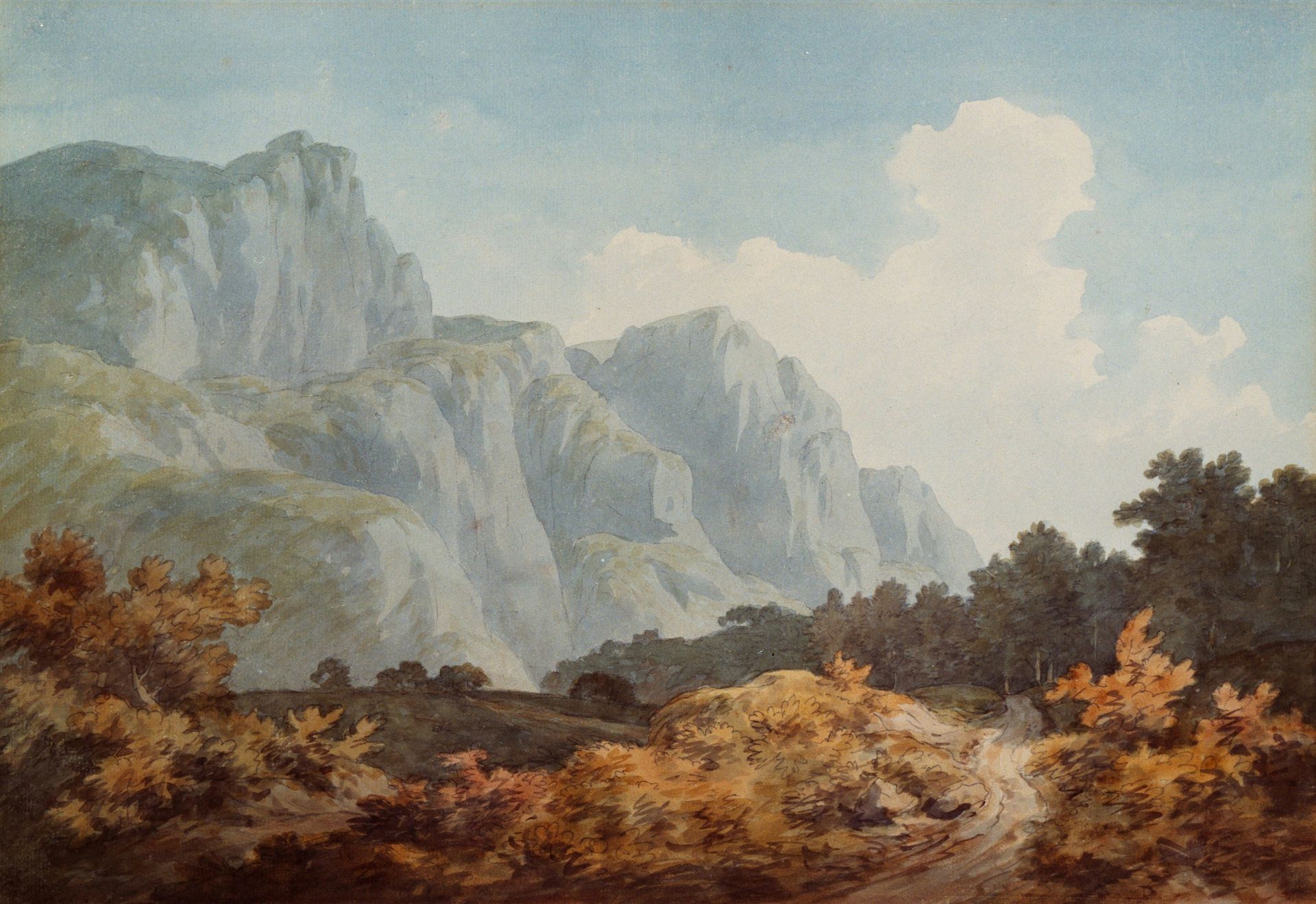 Mountains in the distance of a landscape painting