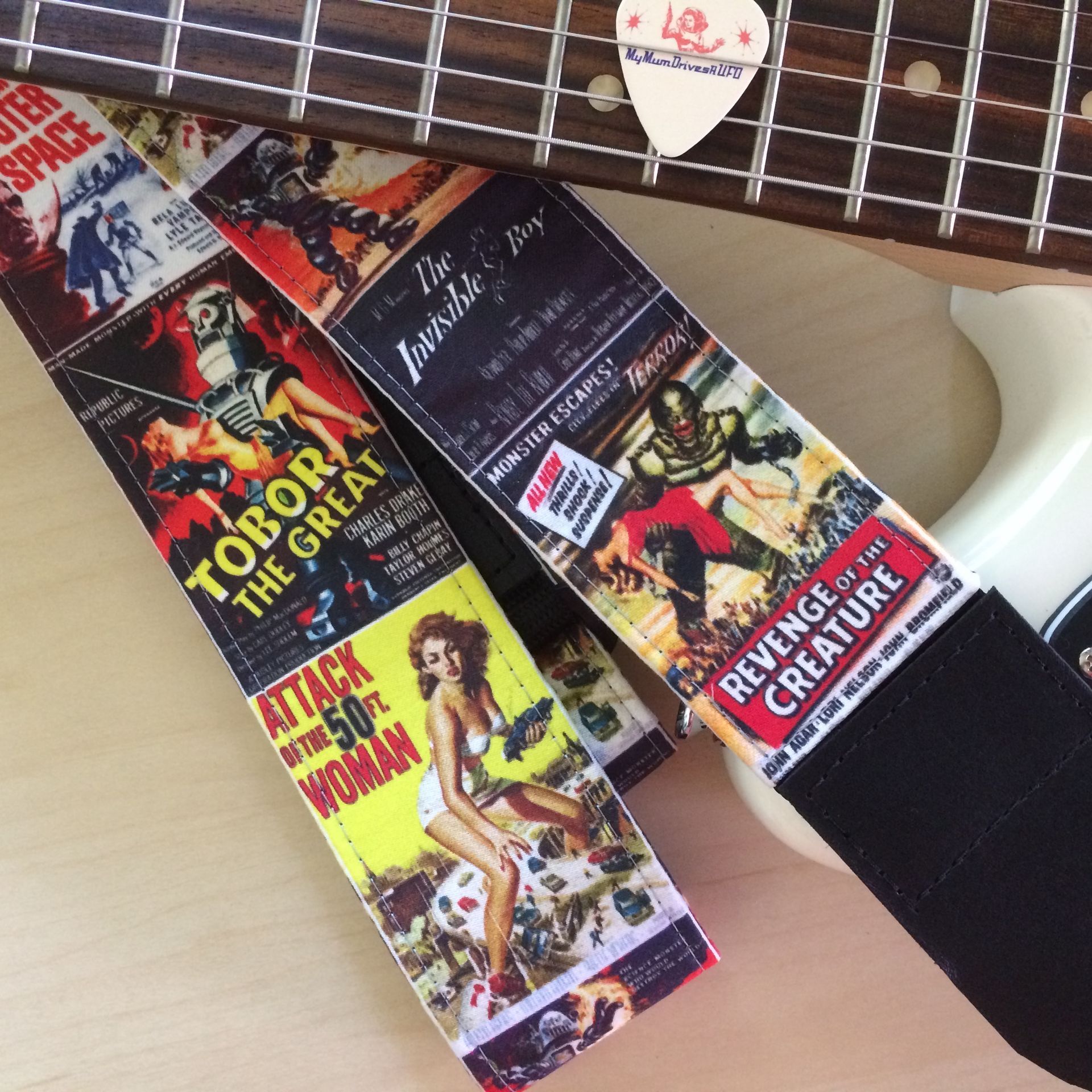 Atomic era sci-fi creature feature guitar strap
