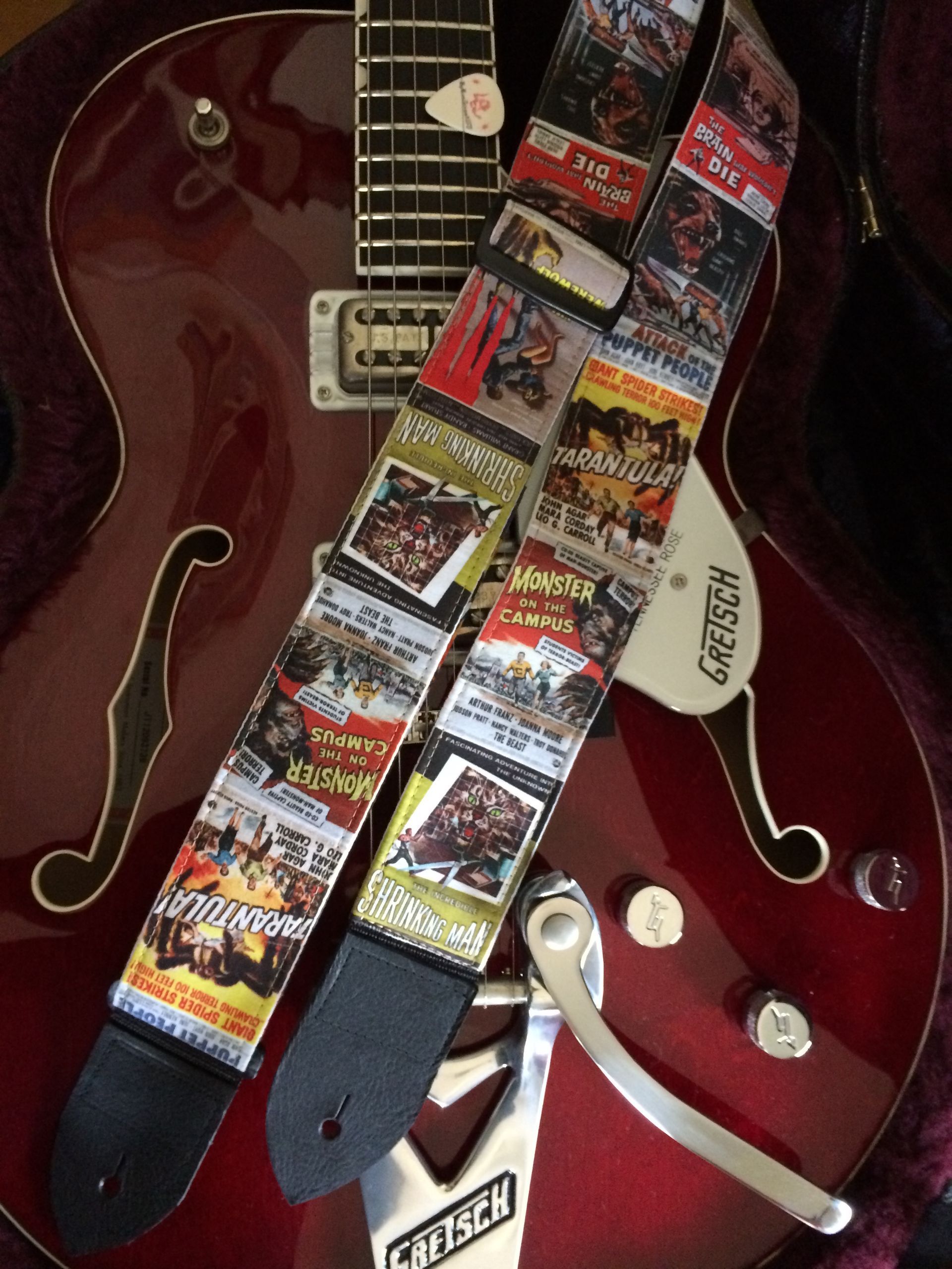 Retro monster movie guitar strap