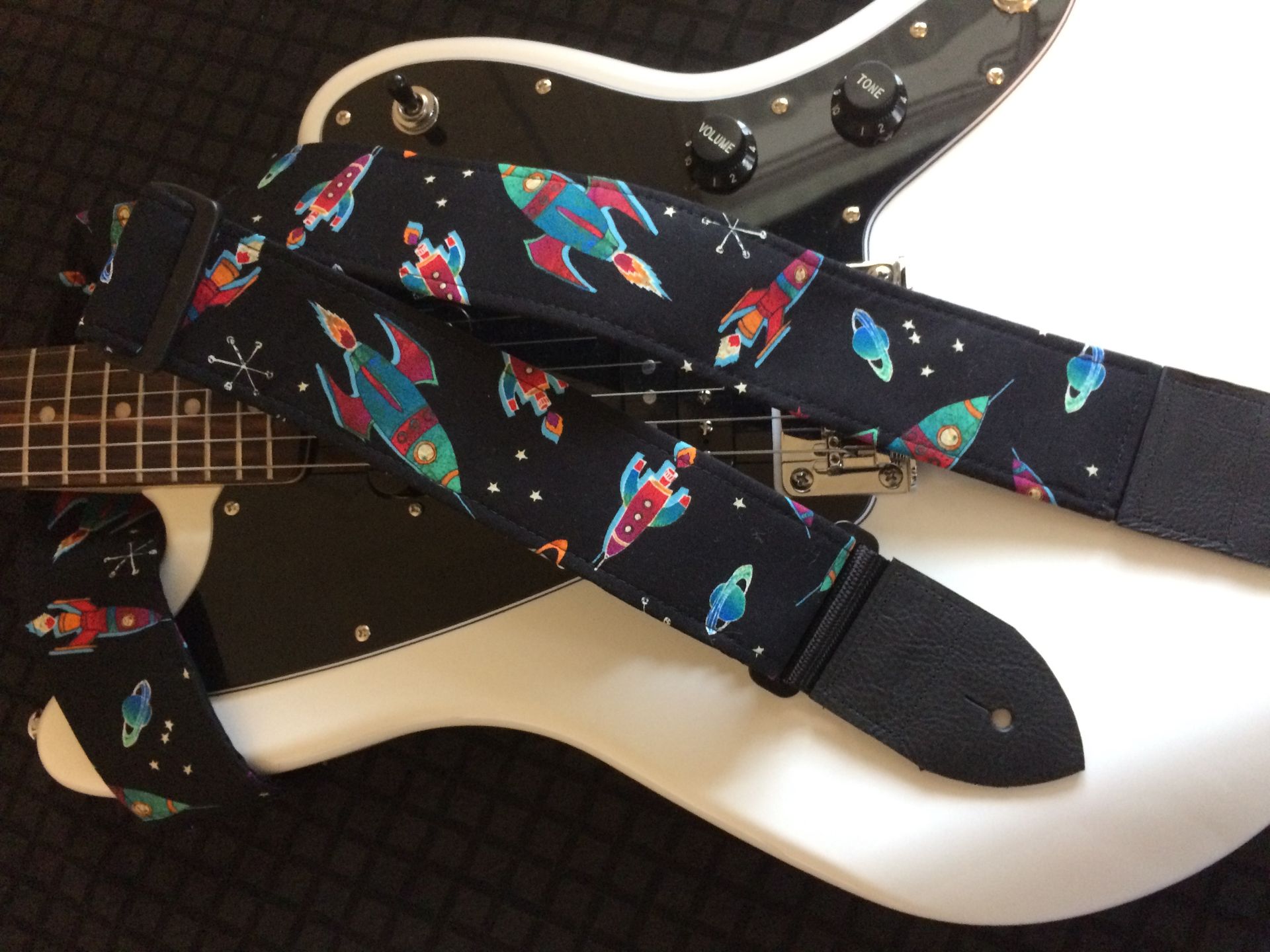 Retro rocket galaxy guitar strap