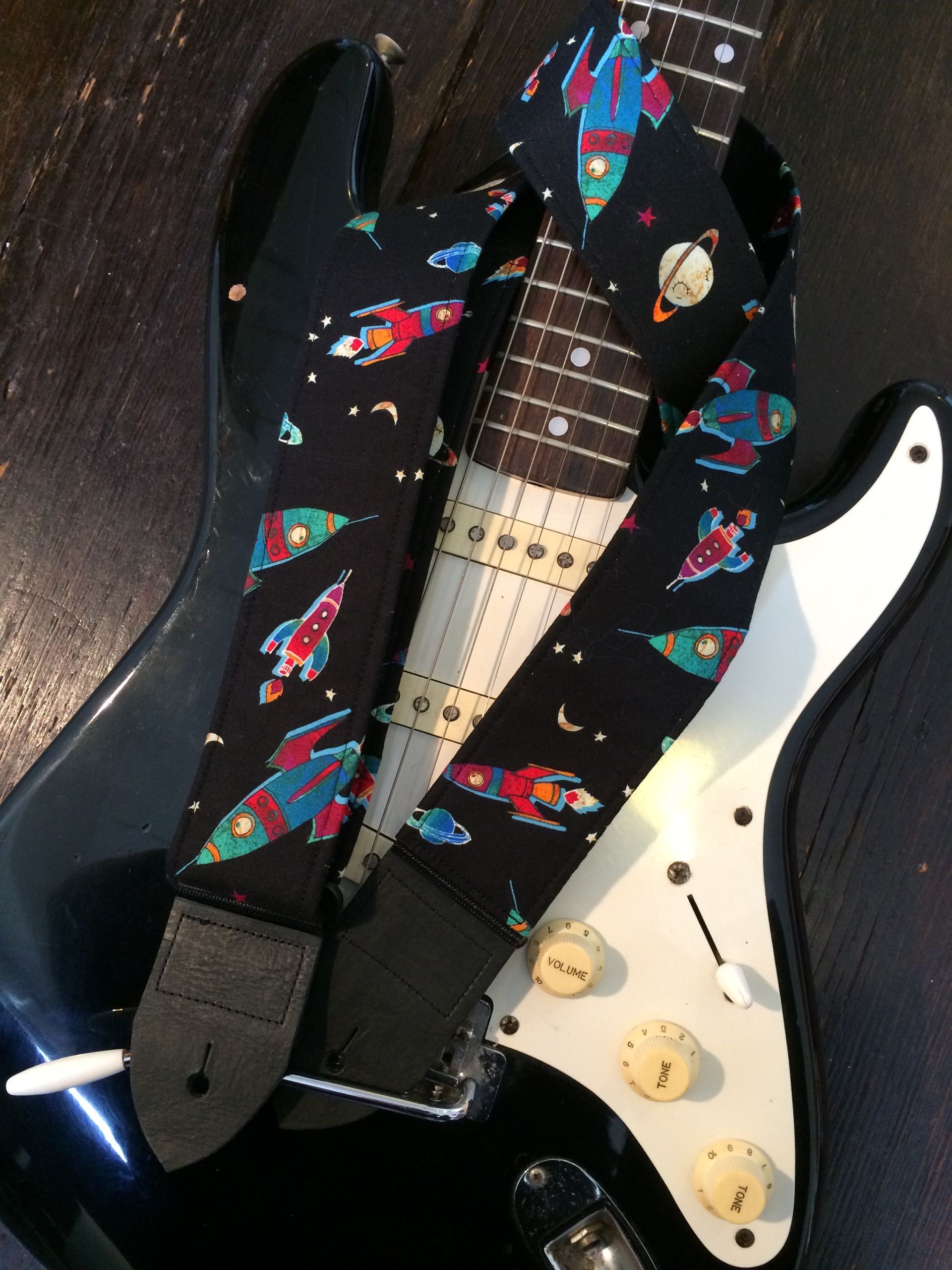 Retro rocket galaxy guitar strap