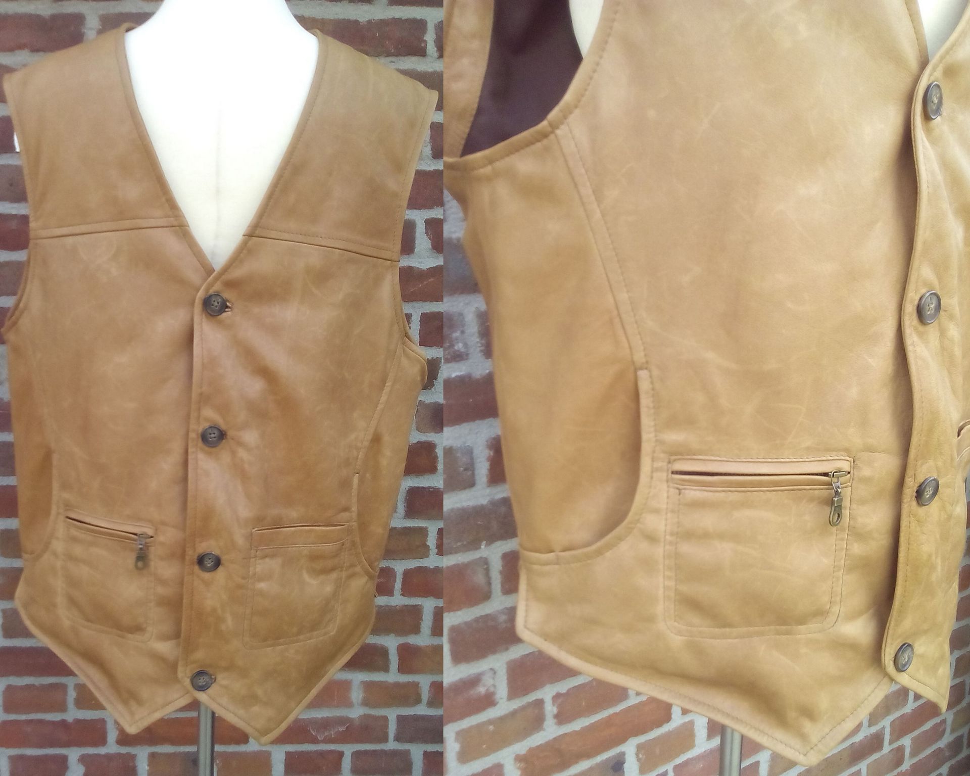 Camel  leren gilet met rits en steekzakken