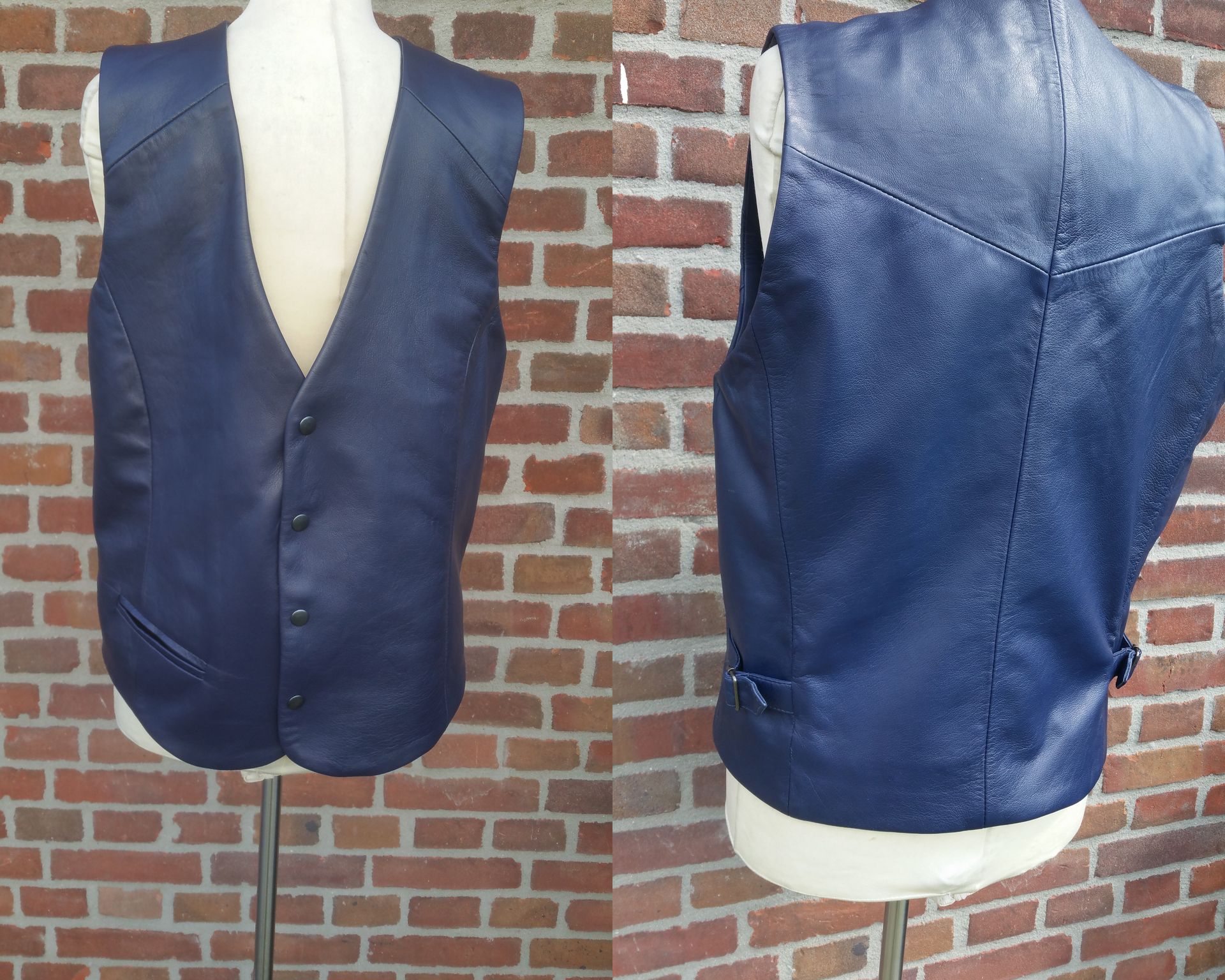 Blauwe leren heren gilet