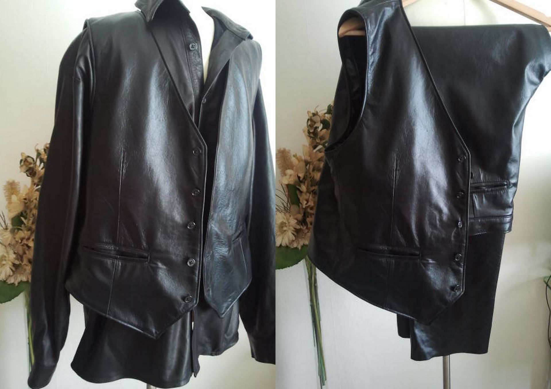 Zwarte leren heren blouse met gilet