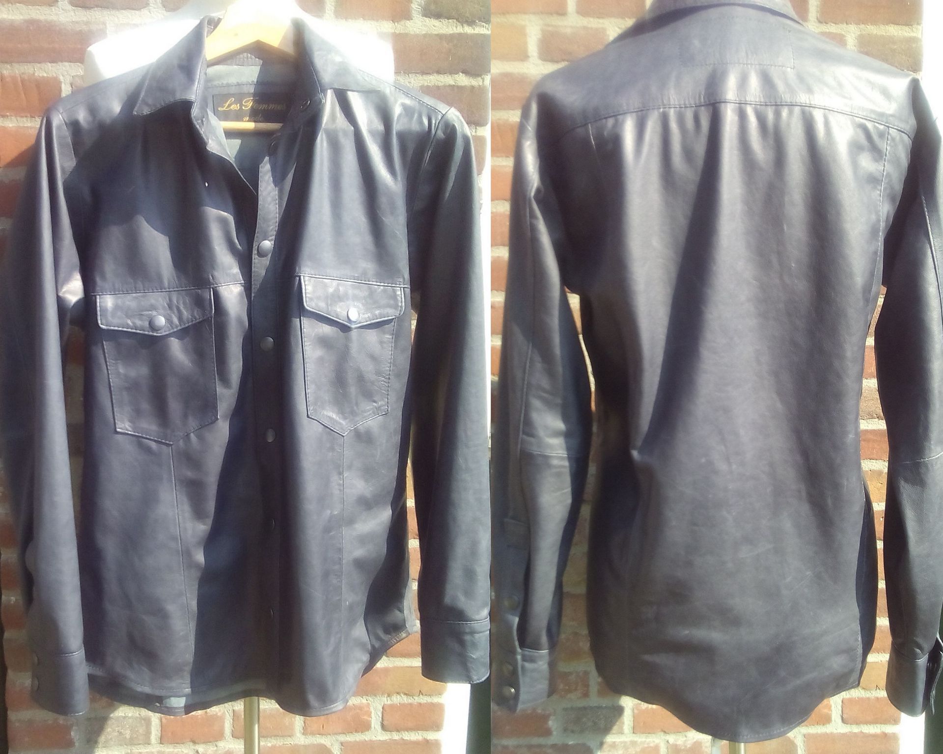 Blauwe leren heren blouse