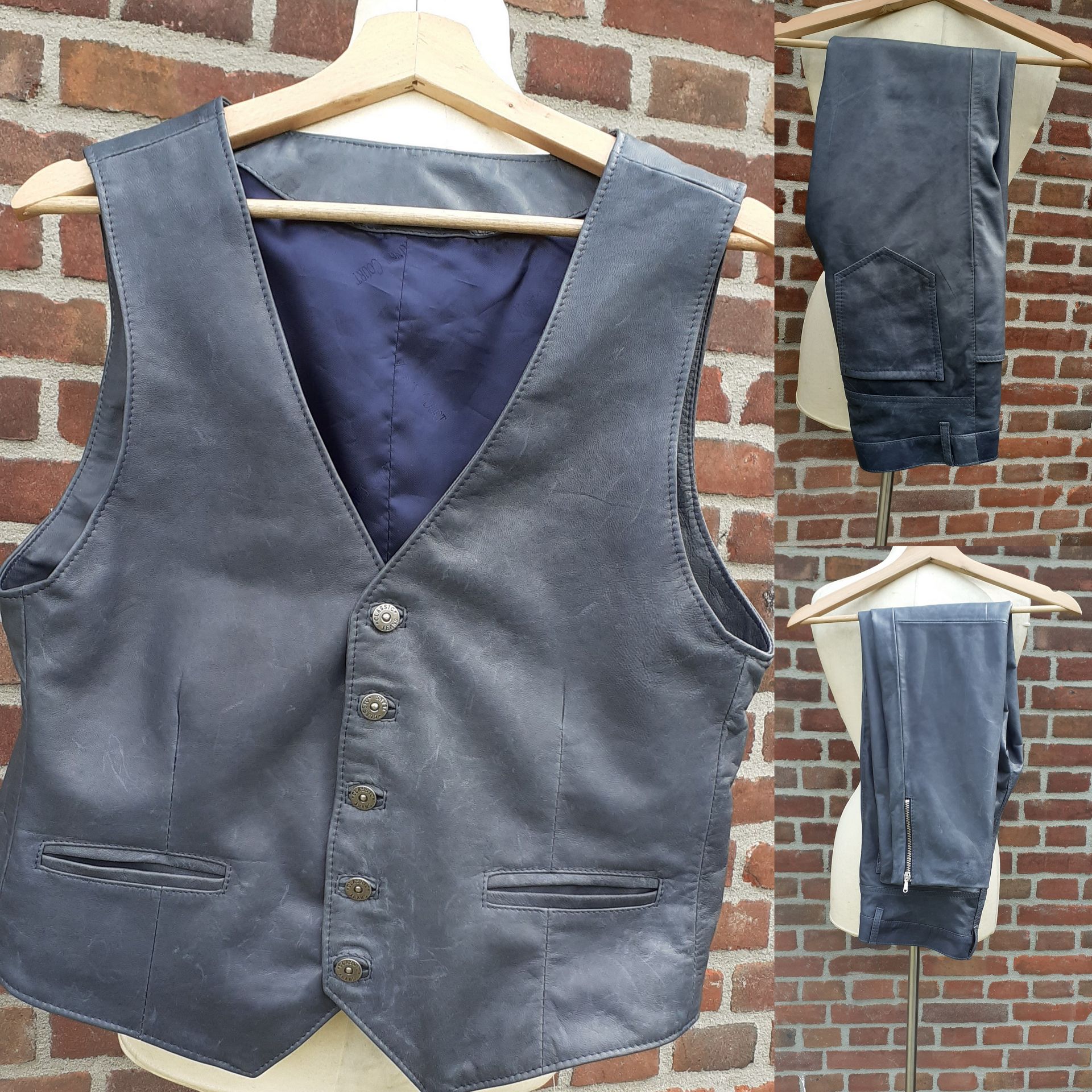 Blauw leren kostuum gilet