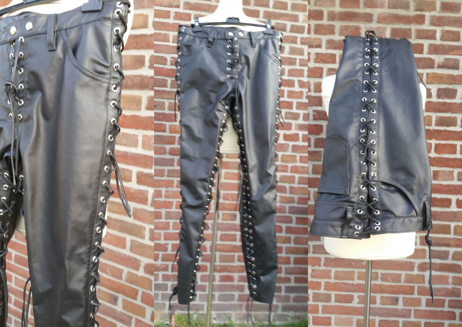 Zwarte stoere leren veter broek
