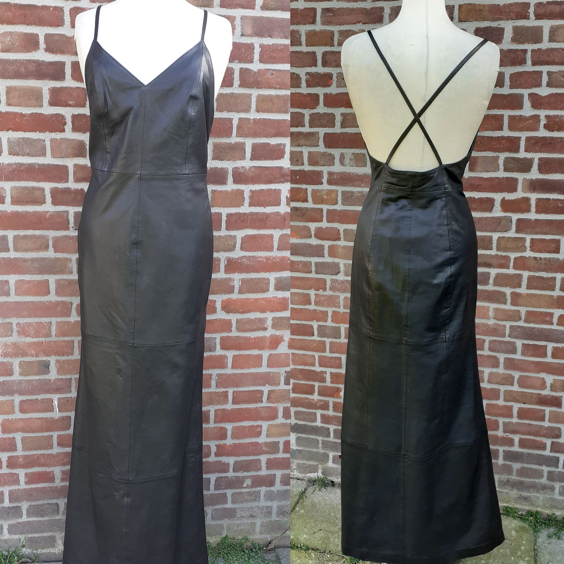 Zwarte lange leren cocktailjurk