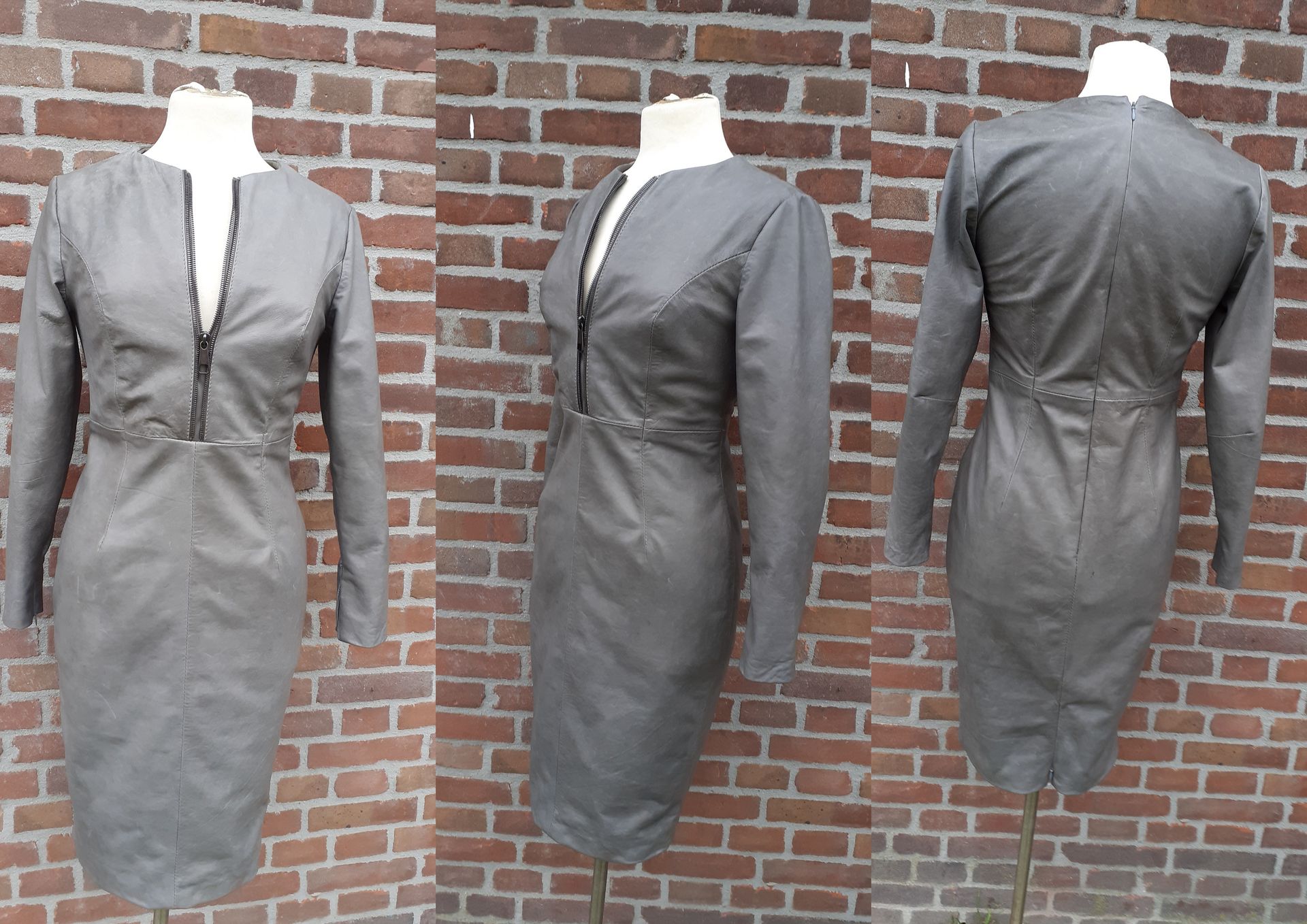 Grijze leren jurk, diepe decollete