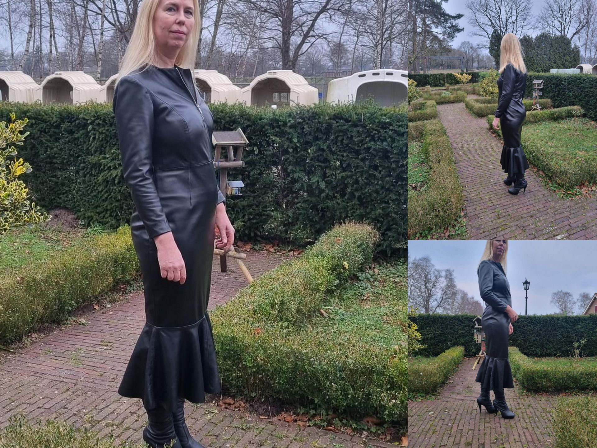 Leren kokerjurk met klokkende strook