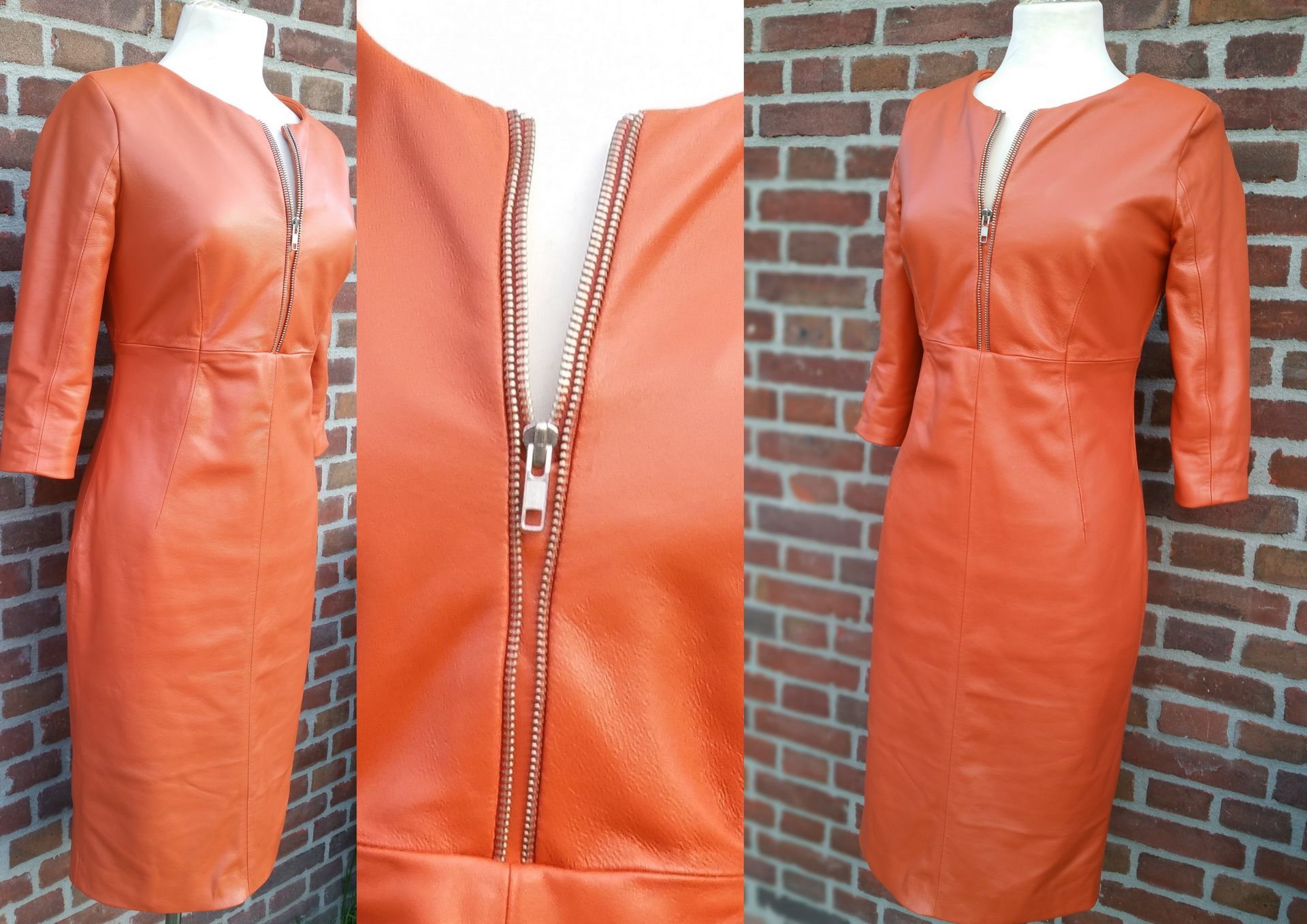 Oranje leren koker jurk