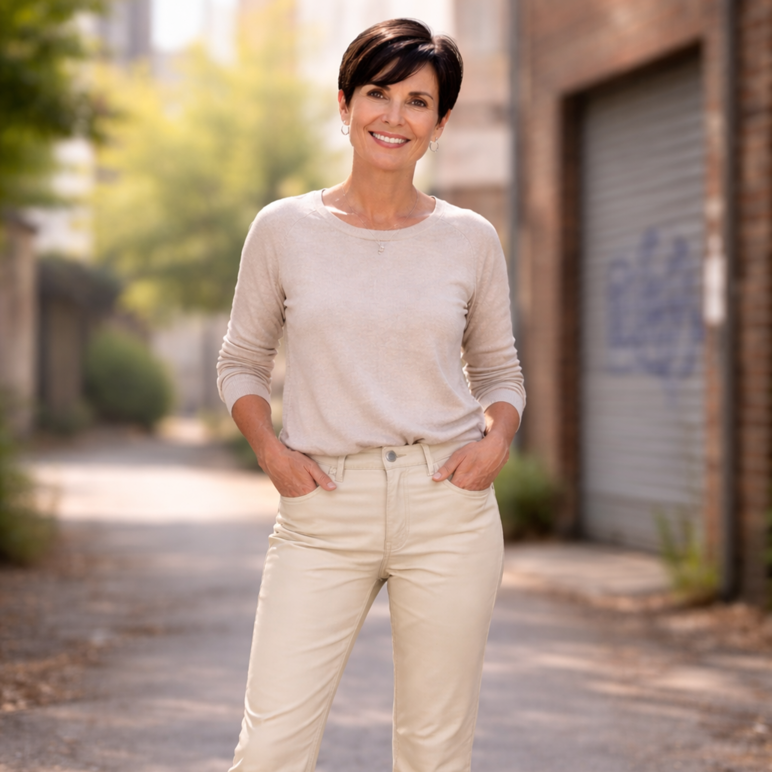 Beige leren  broek recht model 