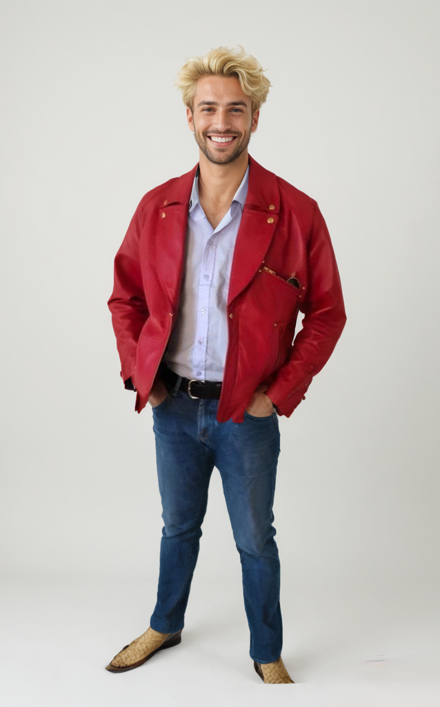 Rode leren jack met riem en vele ritsen Rode leren jack