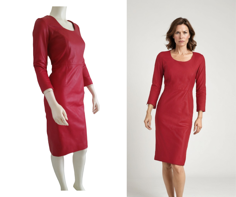 Elegante rode leren kokerjurk  3/4 mouw