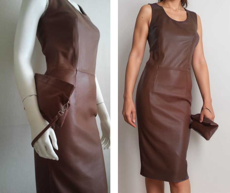 Mouwloos leren jurk, cognac