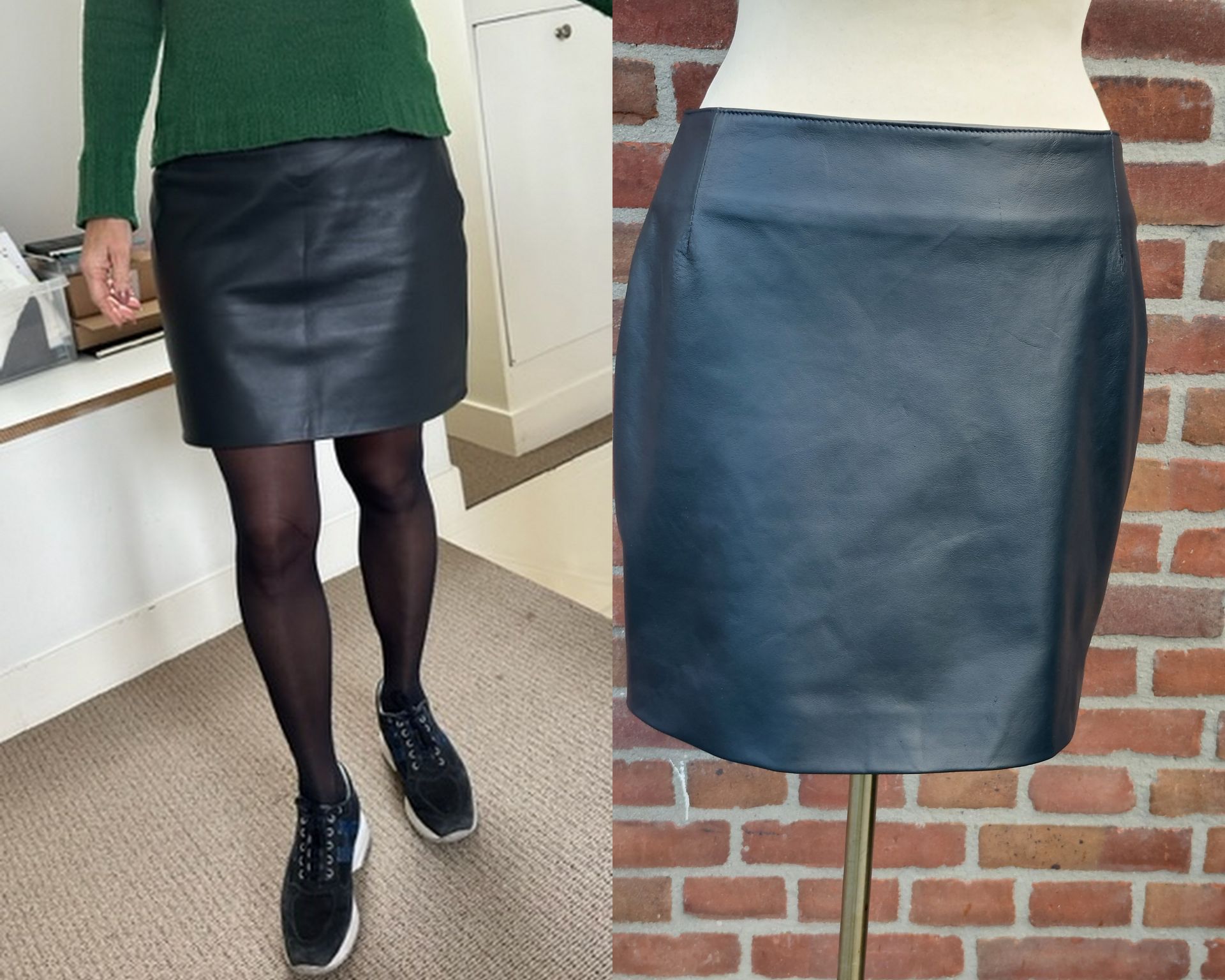 Blauwe leren rok recht model