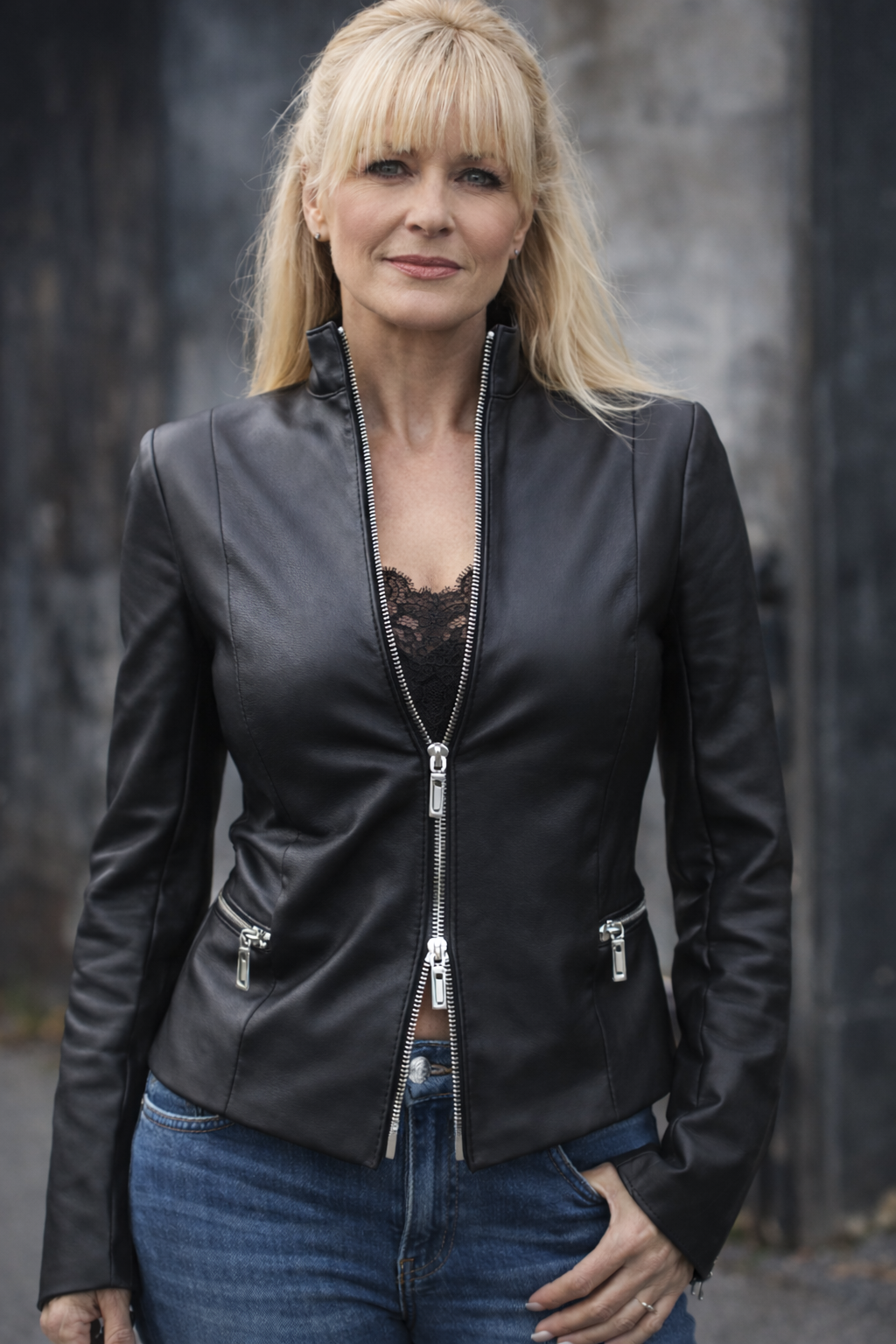 Leren stretch jasje met rits zakken