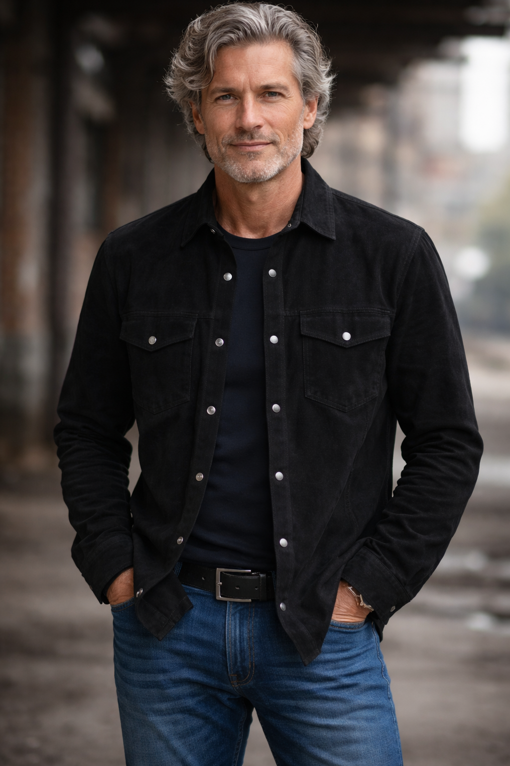 Zwarte suede blouse met zakken en zilver drukkers Zwarte suede blouse