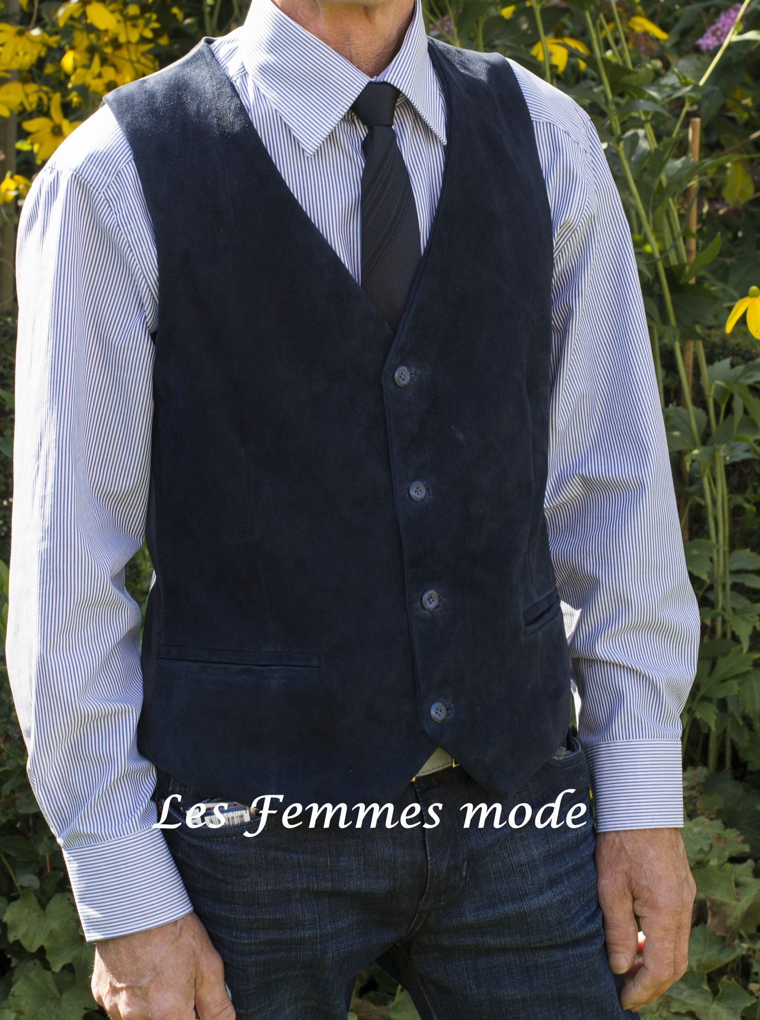 Blauwe suede gilet