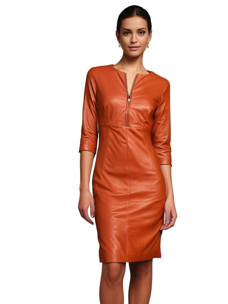 Herfst oranje leren koker jurk
