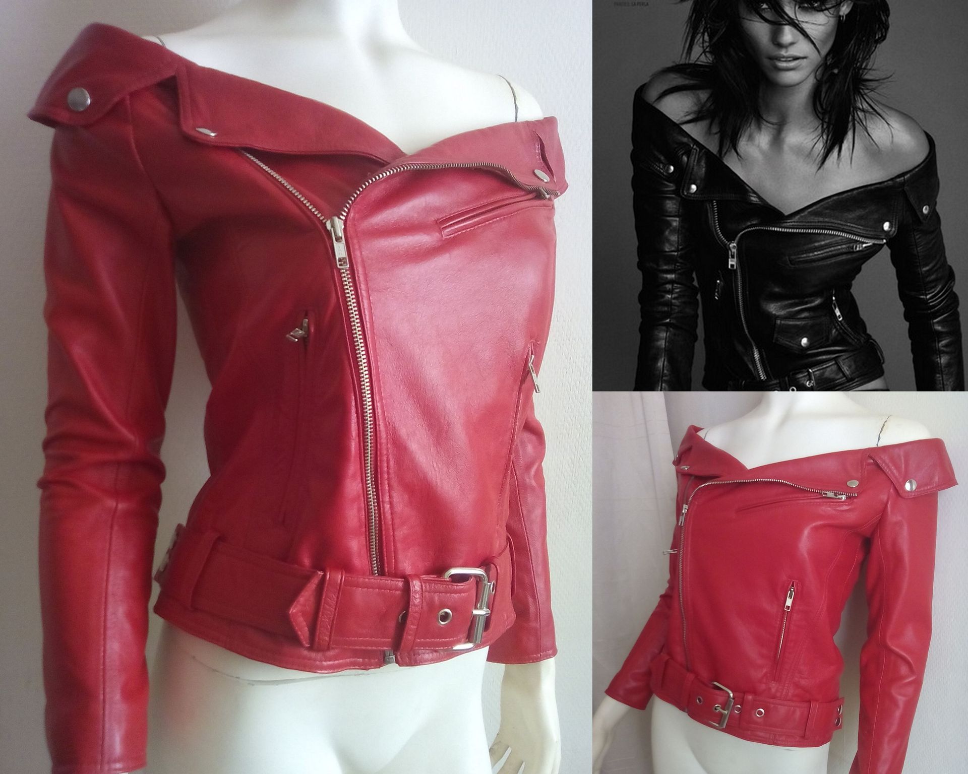 Leren off shoulder bikerjack