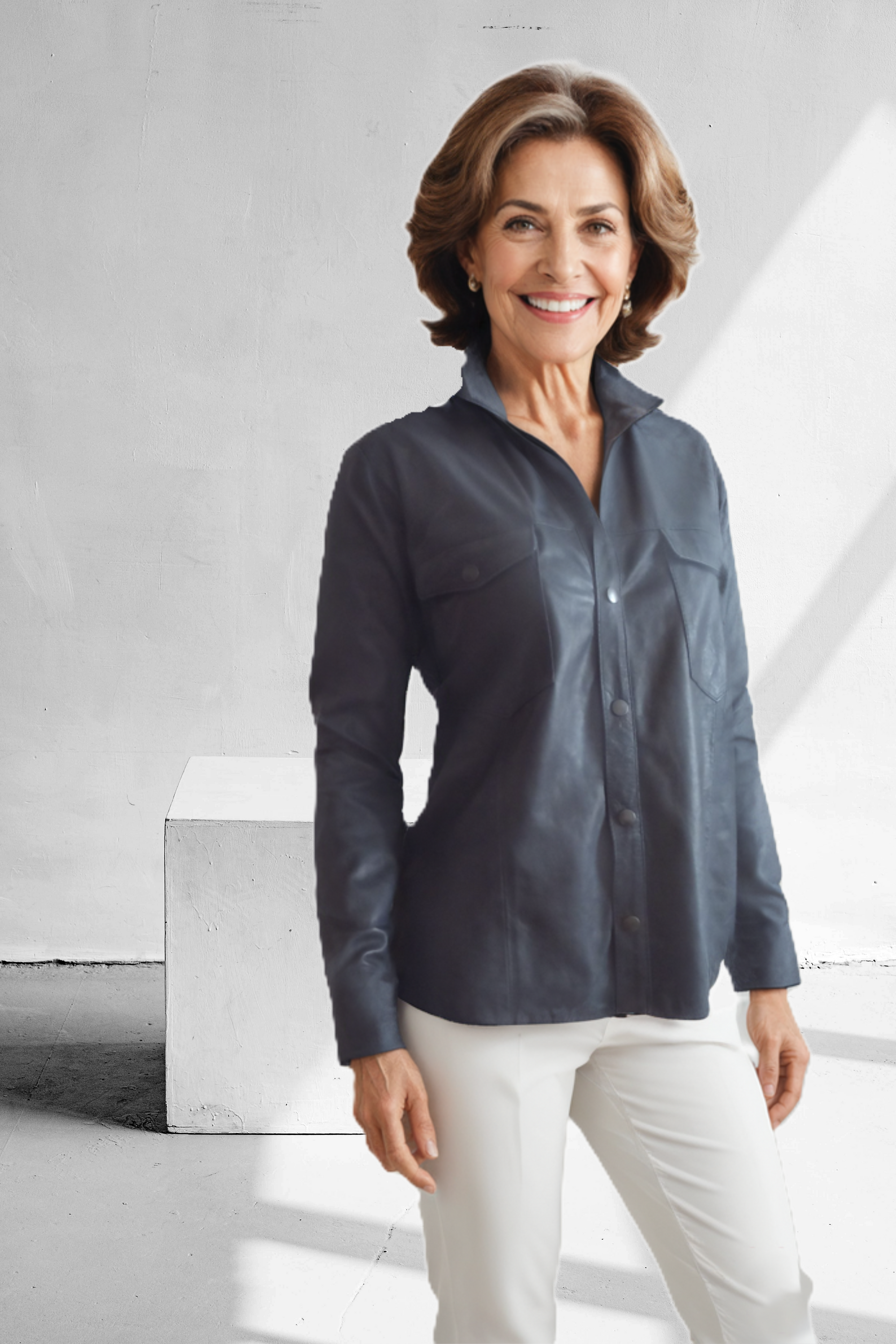 Blauwe leren blouse