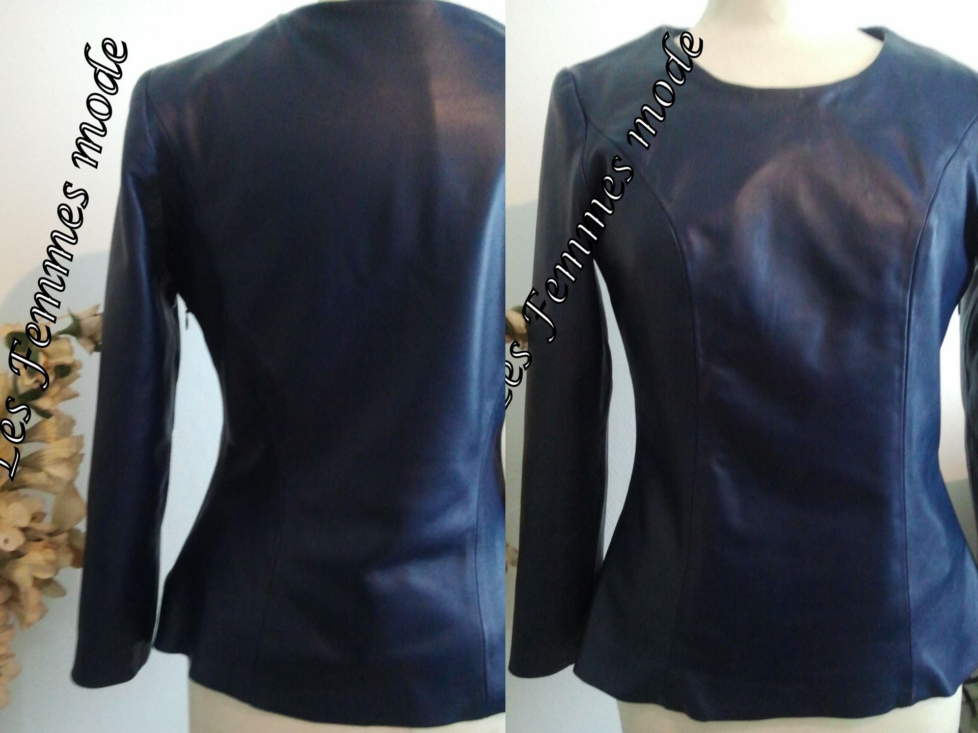 Blauwe leren top met lange mouwen