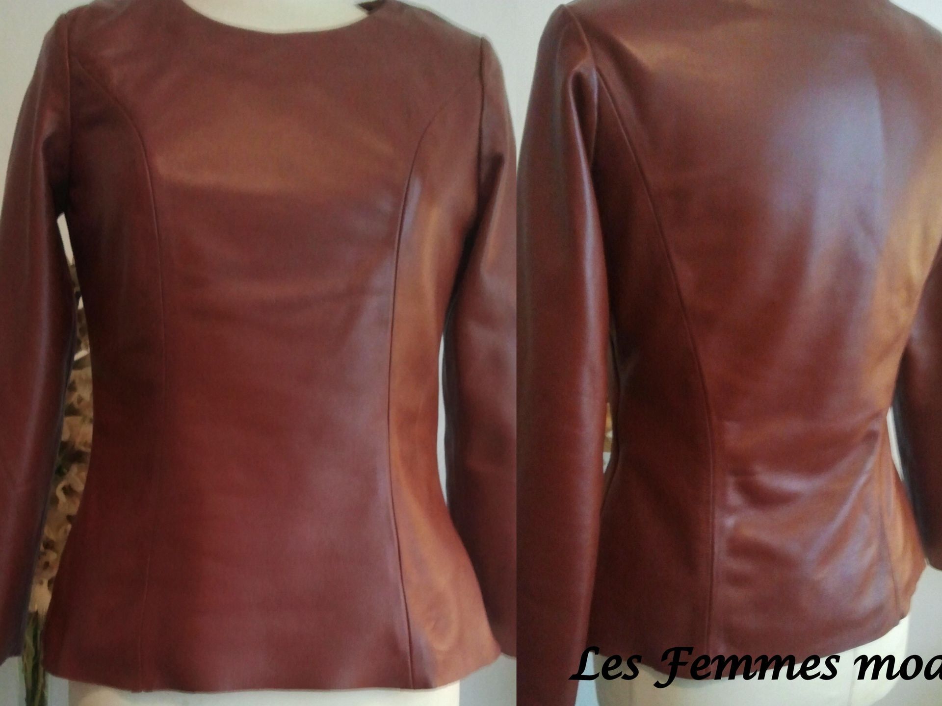 Roestbruine leren top met lange mouwen