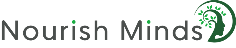 Nourish Minds logo with grey text and a green leaf forming a stylised head icon