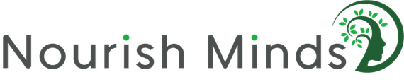 Nourish Minds logo with grey text and a green leaf forming a stylised head icon